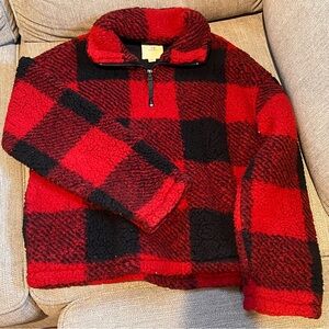Red and Black Plaid Sherpa Pullover Sweater